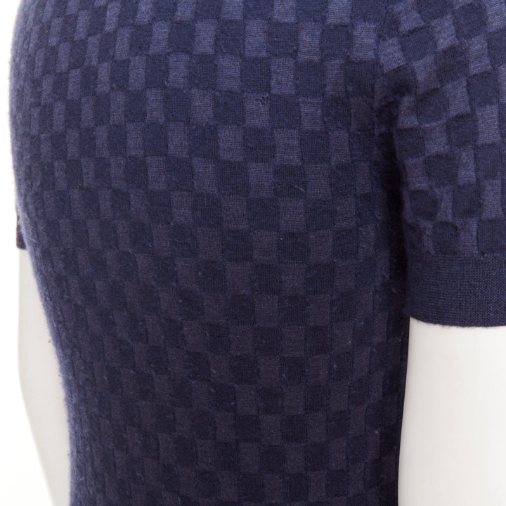 LOUIS VUITTON navy cashmere silk Damier checked knit polo shirt S