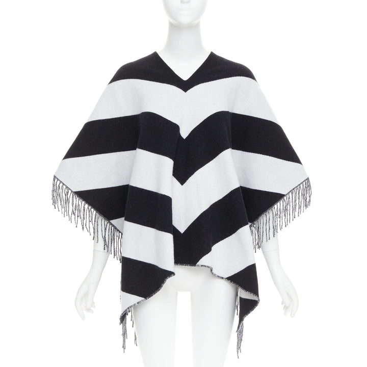 VALENTINO black white stripes logo double layer poncho scarf top