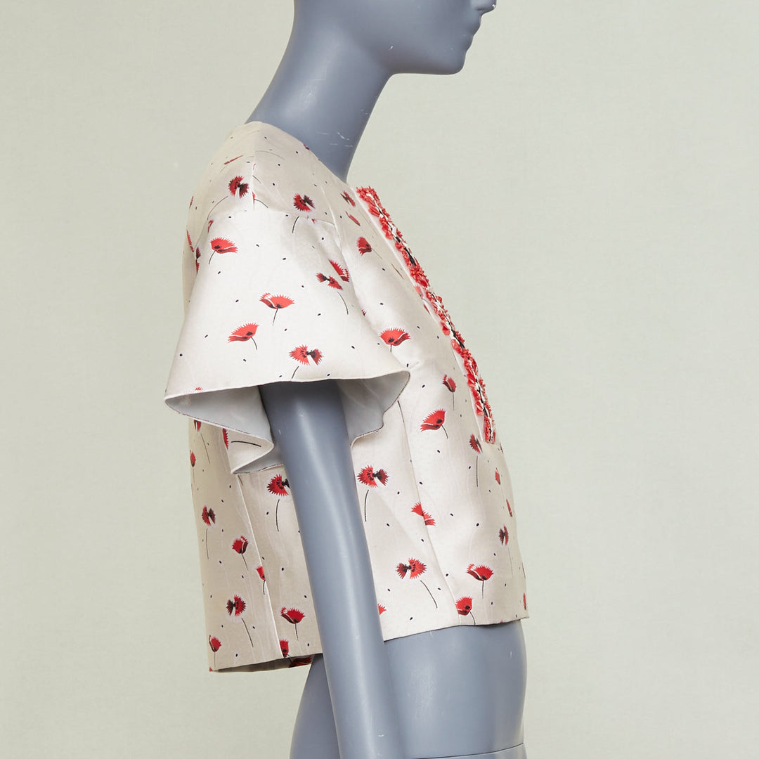 GIAMBATTISTA VALLI 2014 poppy floral ruffle beaded embellished crop top IT40 XS