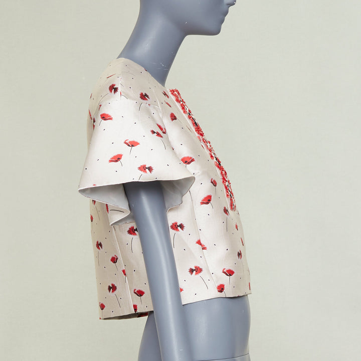 GIAMBATTISTA VALLI 2014 poppy floral ruffle beaded embellished crop top IT40 XS