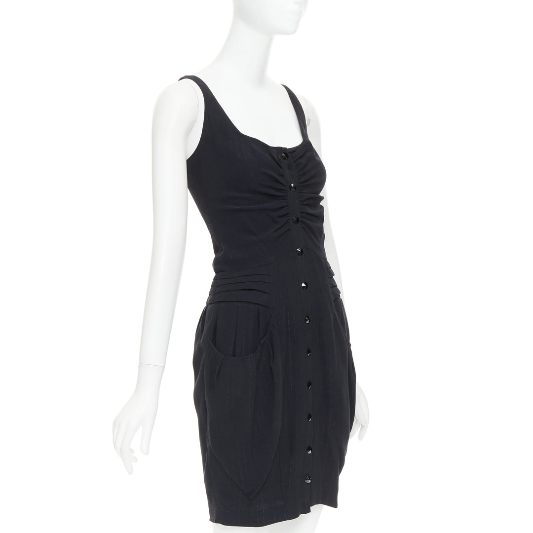 BALMAIN black lurex pinstripe ruched front scoop neck curvy mini dress FR36 S