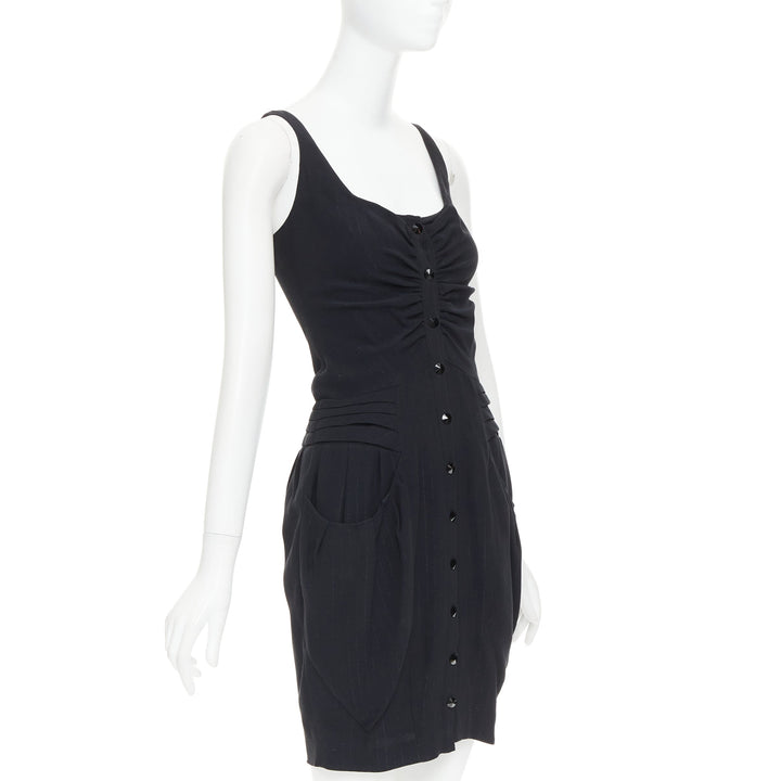 BALMAIN black lurex pinstripe ruched front scoop neck curvy mini dress FR36 S