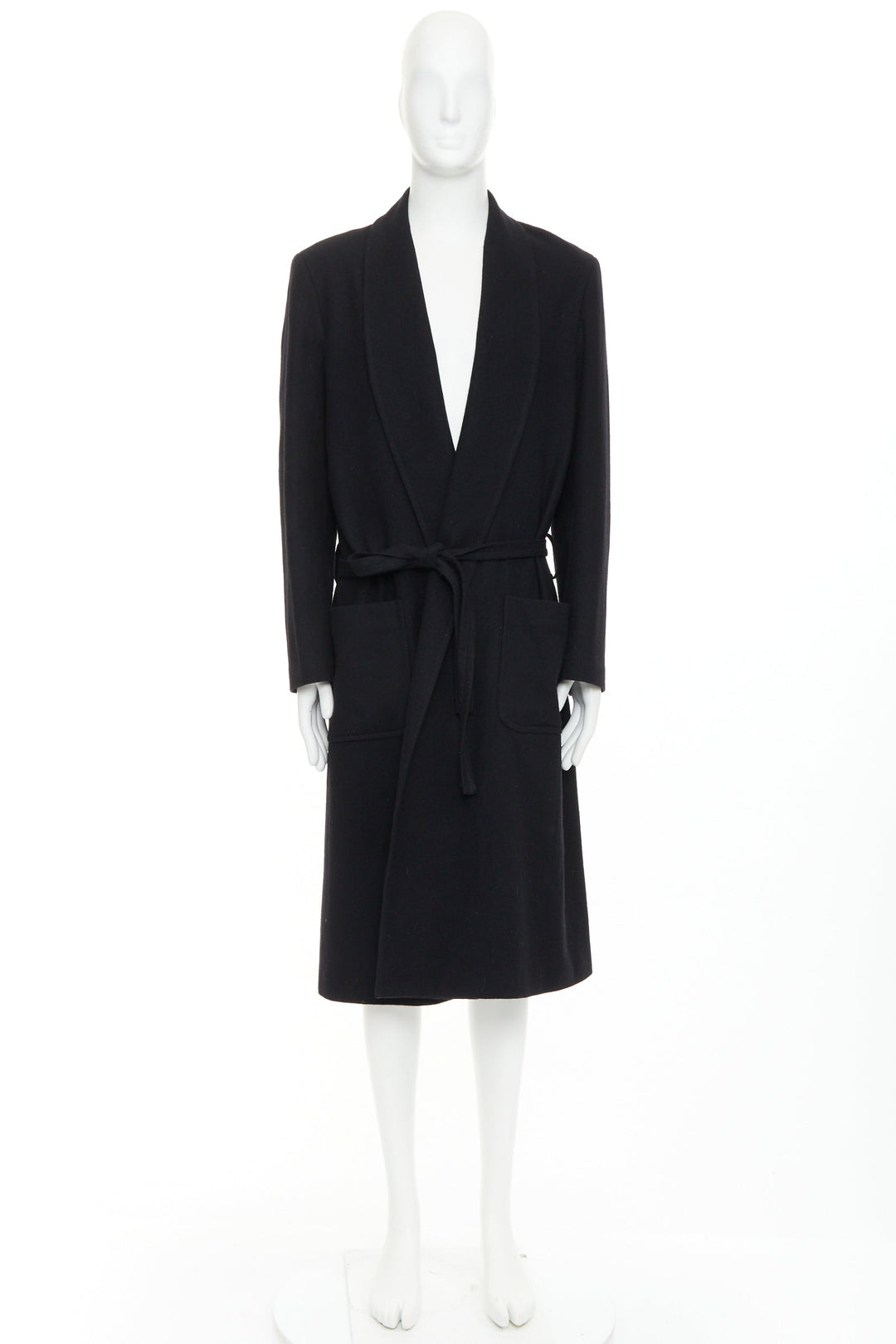 YOHJI YAMAMOTO HOMME black wool felt belted pockets lined robe coat JP2 M