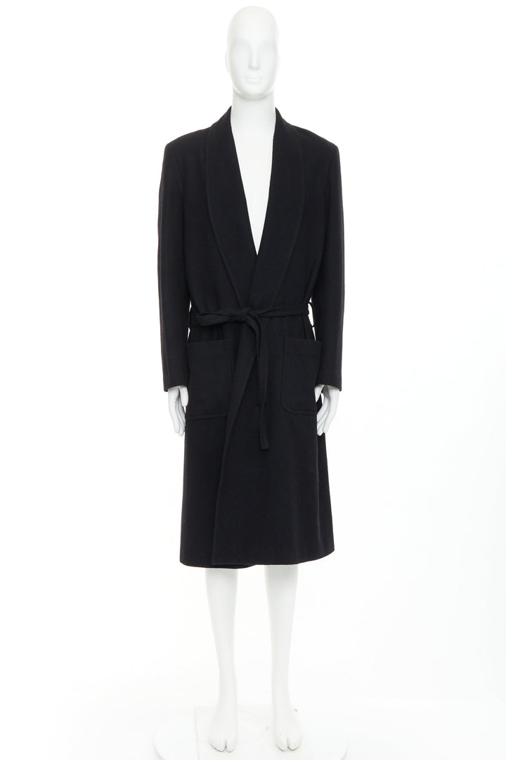 YOHJI YAMAMOTO HOMME black wool felt belted pockets lined robe coat JP2 M