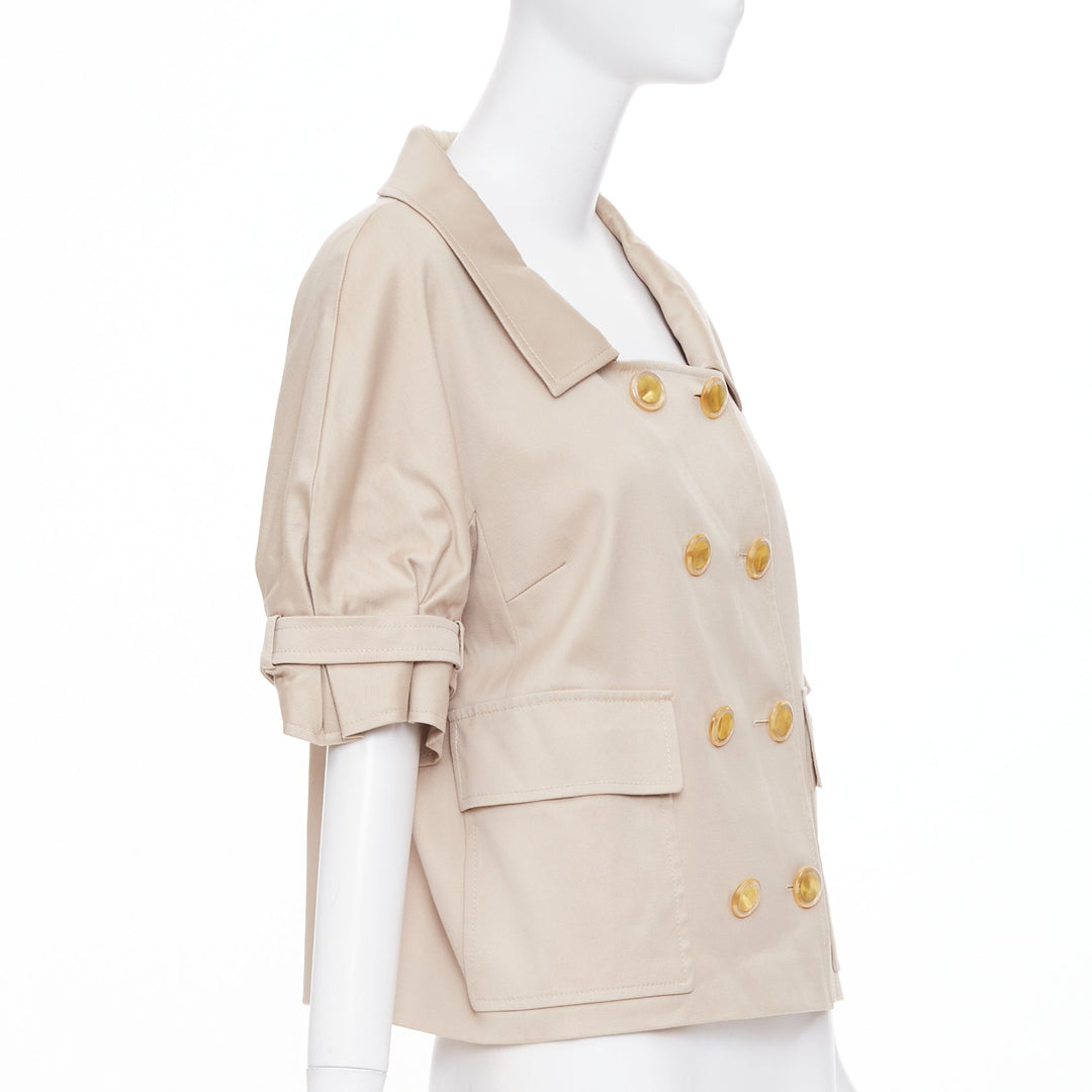 ESCADA khaki tan virgin wool gold button double breasted cropped jacket IT42 M