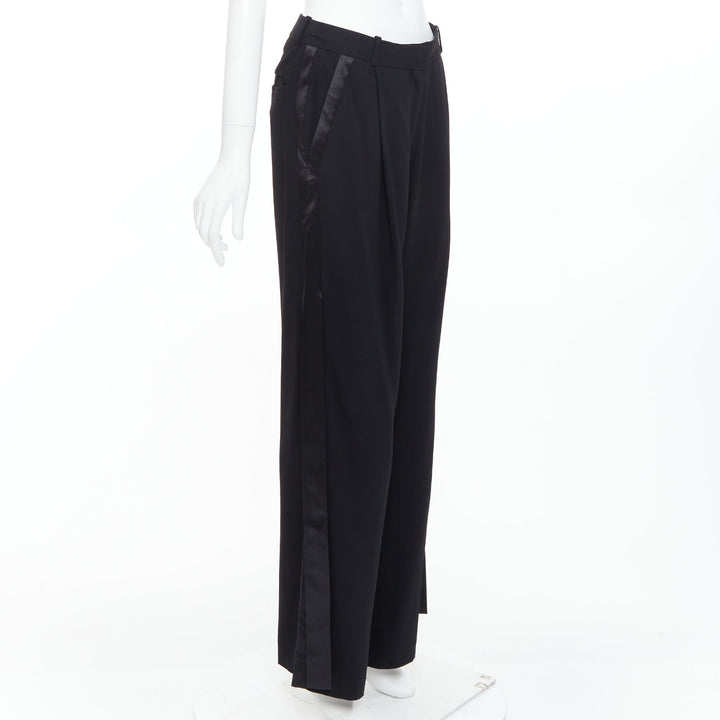 GIVENCHY black silk ribbon fringe trim wide leg trousers