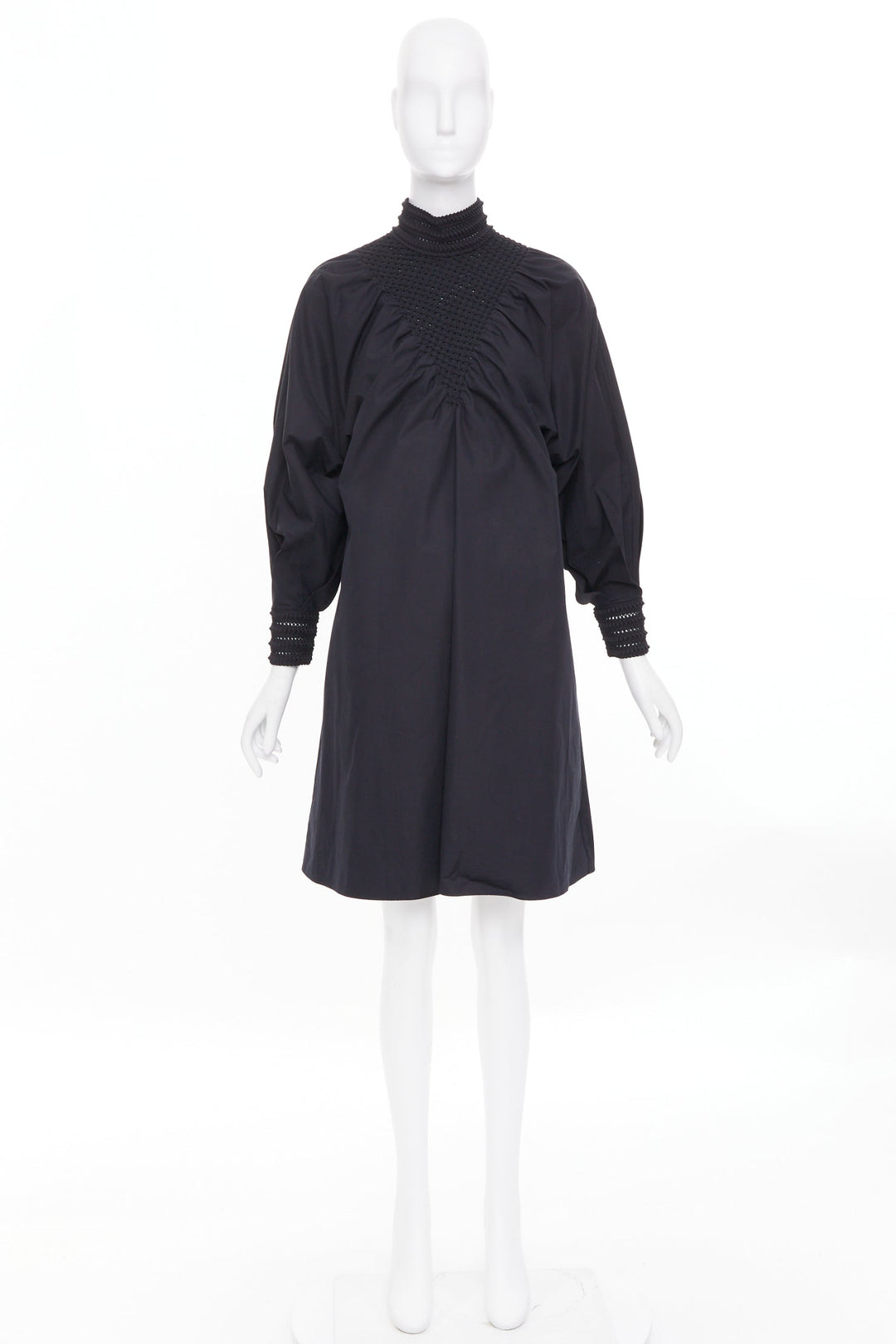 FENDI 2019 Tribute black smocked embroidered eyelet balloon sleeve dress IT38 S