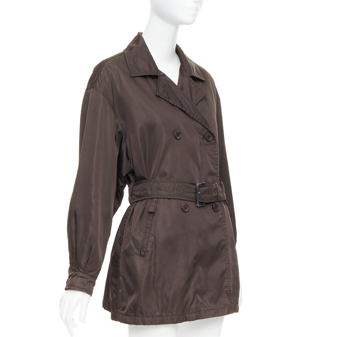 PRADA brown low sheen nylon double breasted short trench coat