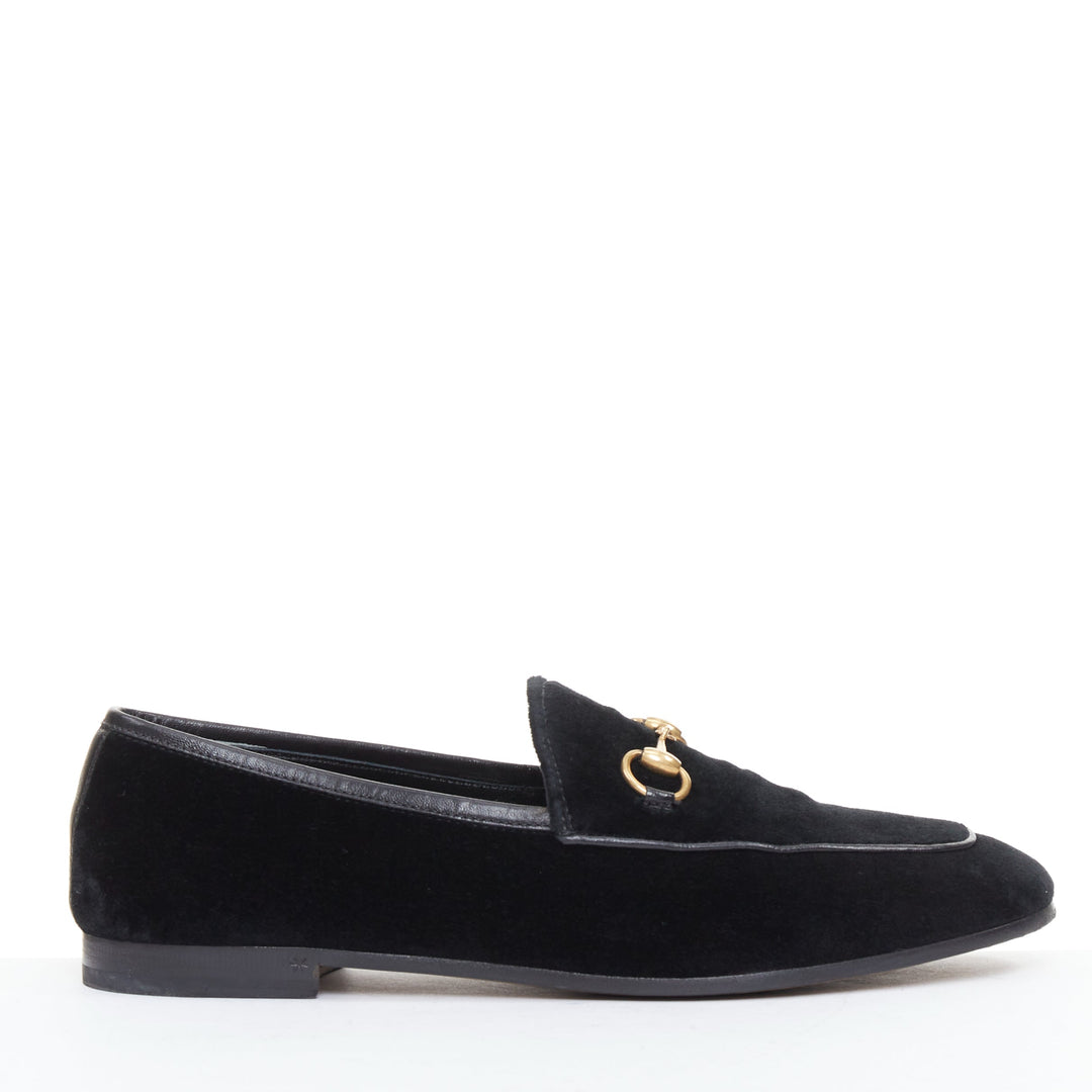 GUCCI Jordaan black velvet gold horsebit buckles leather trim loafer EU37.5