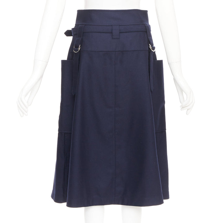 HERMES navy flanelle de laine legere buckle belt button front midi skirt FR36 S