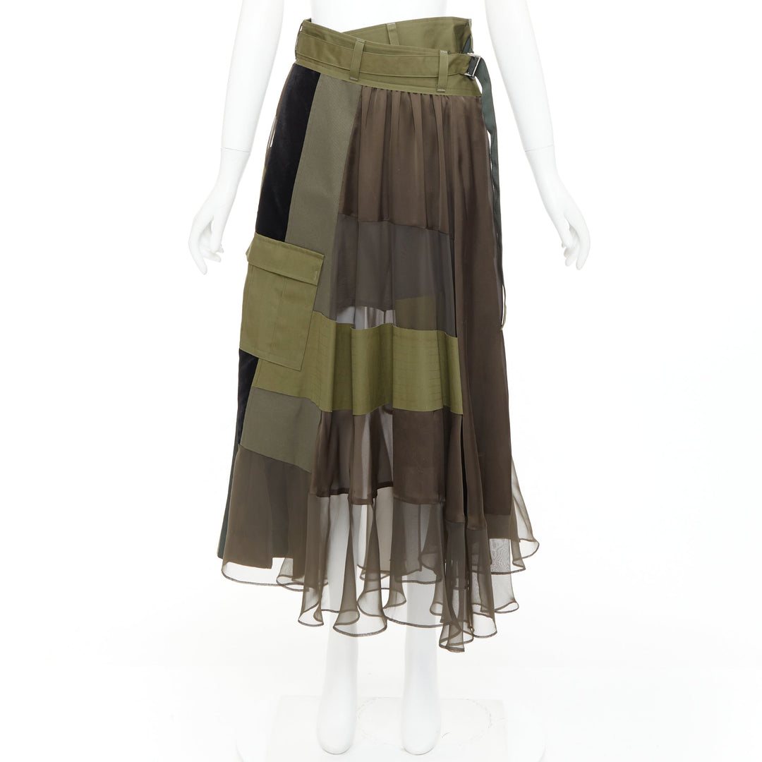 SACAI 2020 military green camo sheer patchwork cargo belted skirt JP1 S