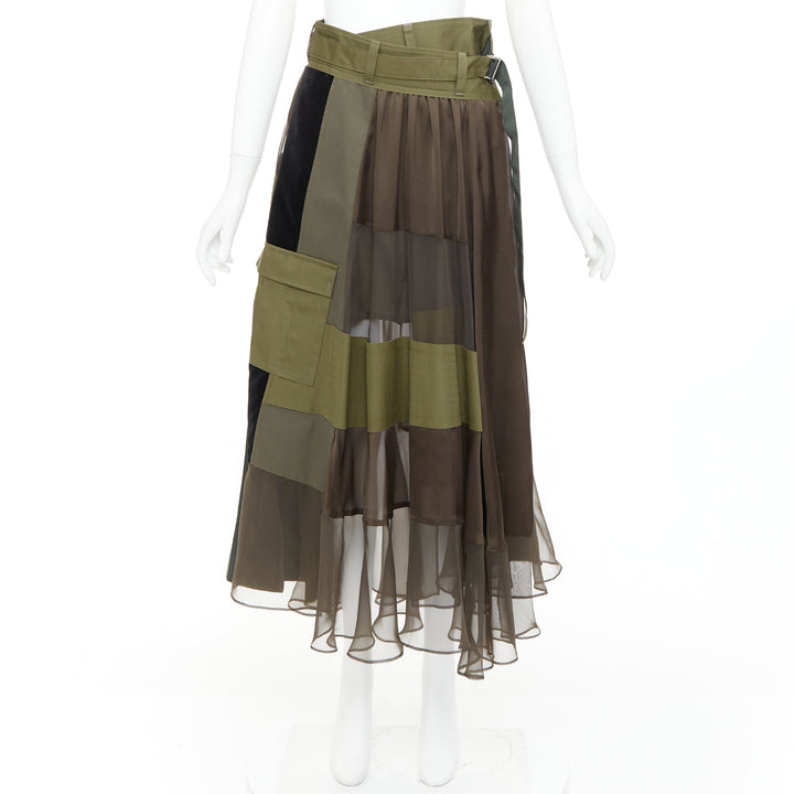 SACAI 2020 military green camo sheer patchwork cargo belted skirt JP1 S