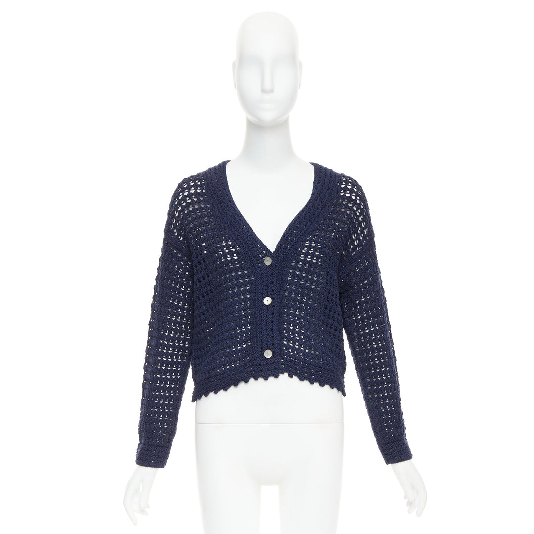 VINCE navy organic cotton crochet open knit scalloped cropped cardigan S