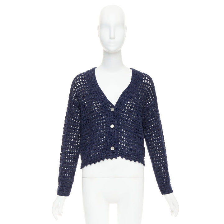 VINCE navy organic cotton crochet open knit scalloped cropped cardigan S