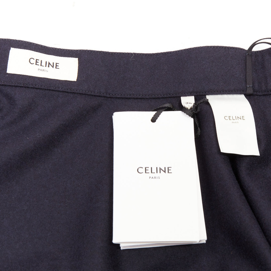 CELINE navy wool felt gold crest button wrap high waist midi skirt FR36 S