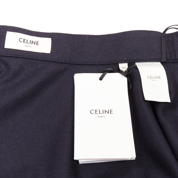 CELINE navy wool felt gold crest button wrap high waist midi skirt FR36 S