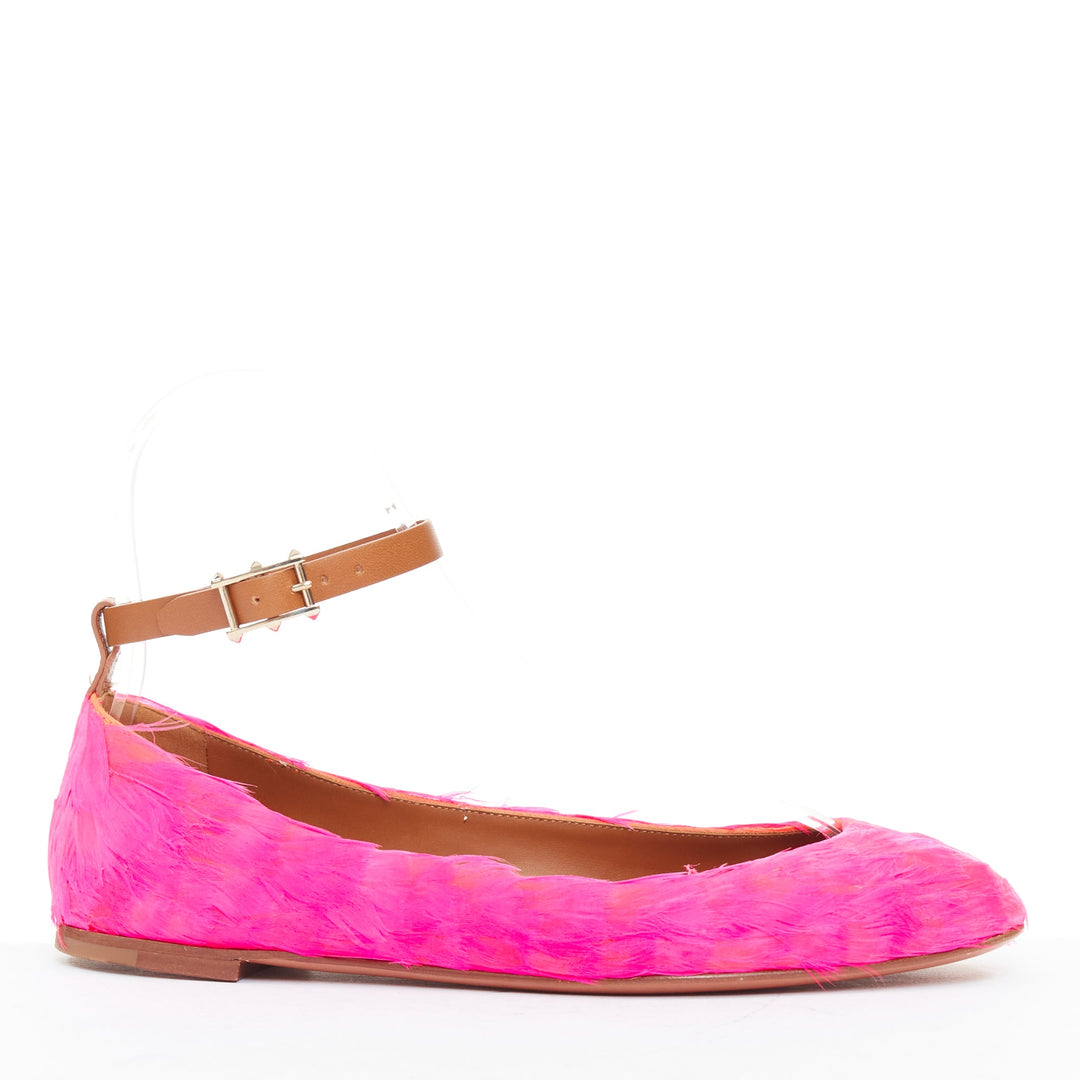 VALENTINO hot fuchsia pink turkey feather leather ankle strap flats EU37