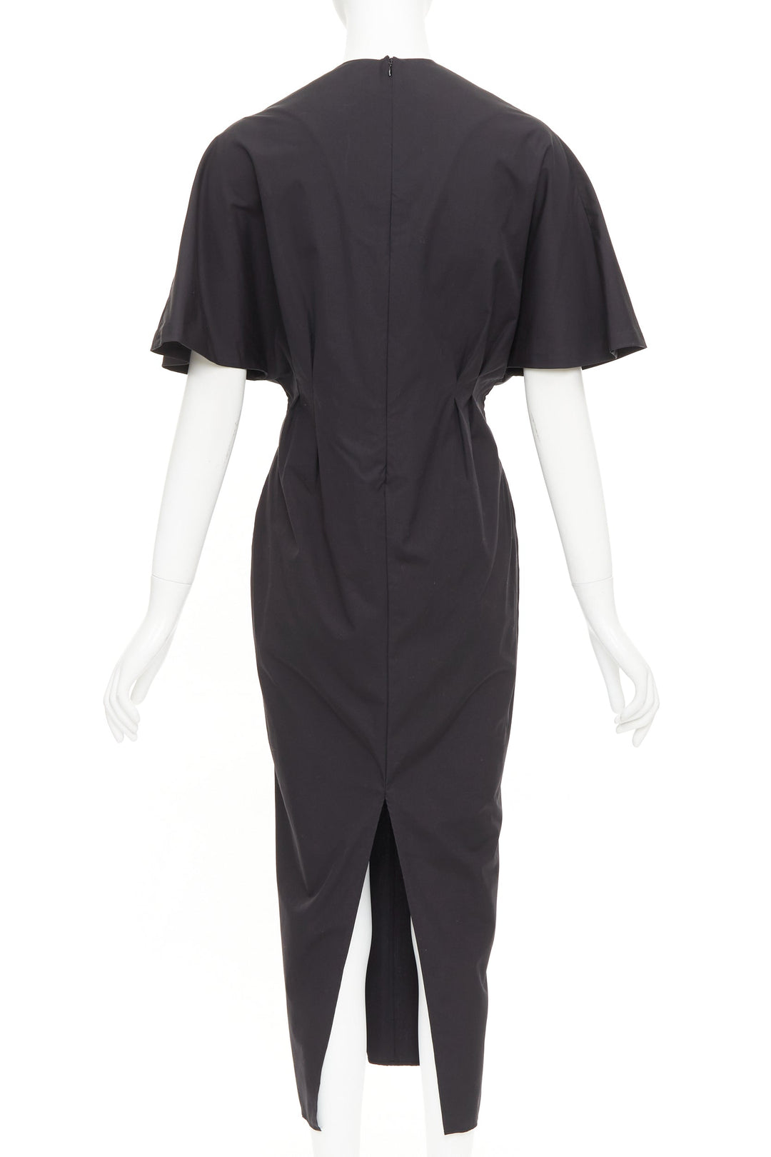 ESME VIE black cotton poplin V neck short cape sleeve pleated midi dress FR38 M