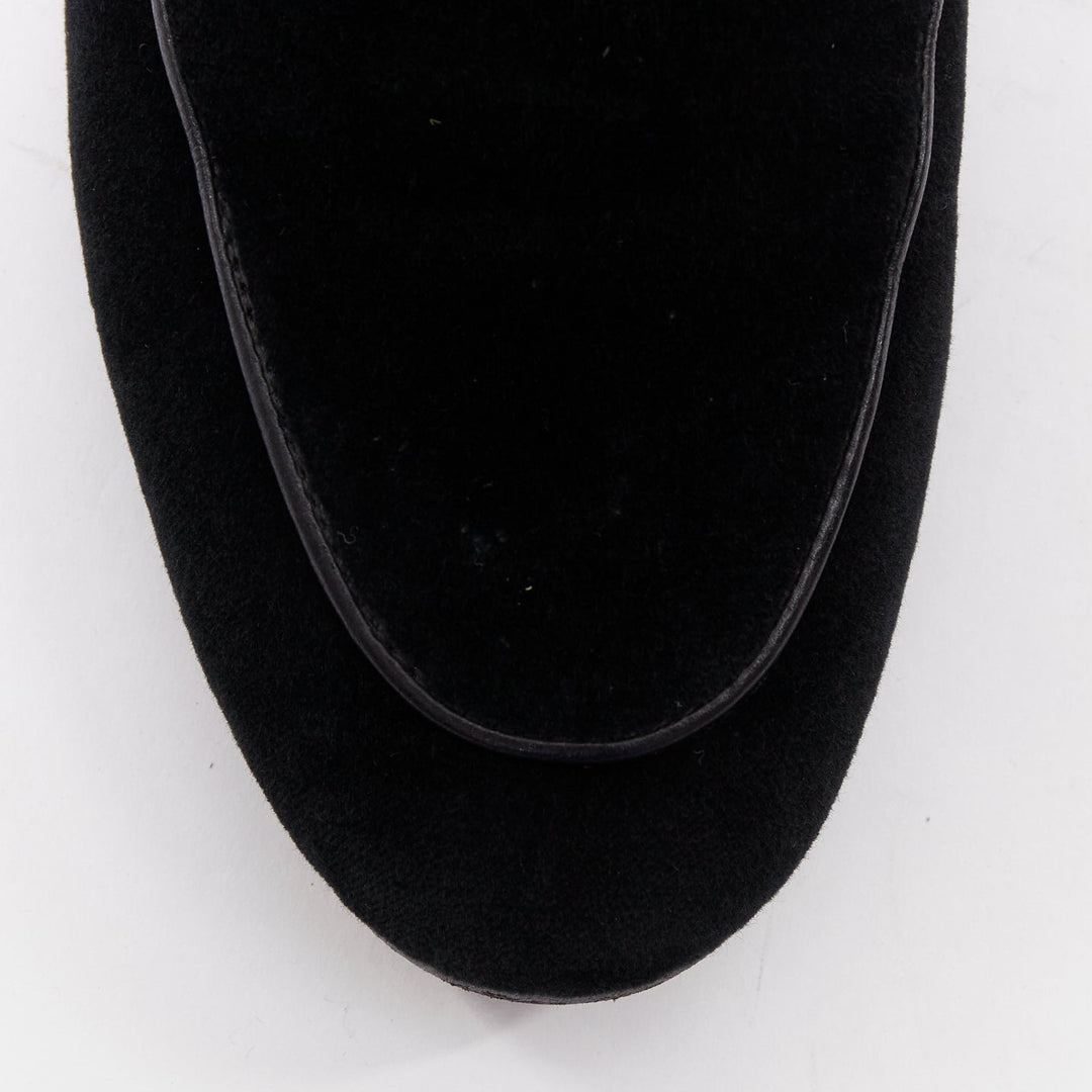GUCCI Jordaan black velvet gold horsebit buckles leather trim loafer EU37.5