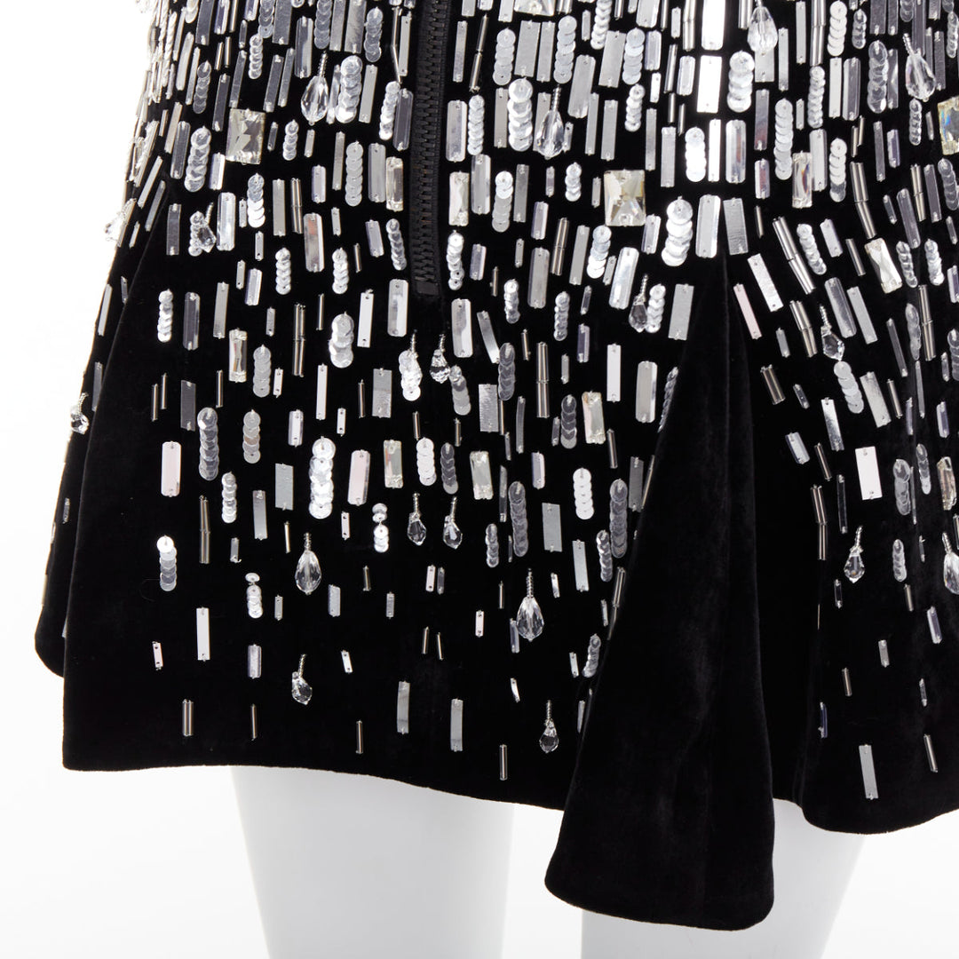 BALMAIN Embellished Skater black silver beads sequins flare mini skirt FR34 XS