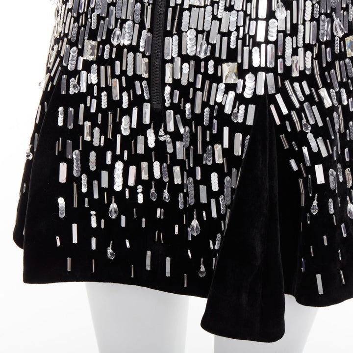BALMAIN Embellished Skater black silver beads sequins flare mini skirt FR34 XS