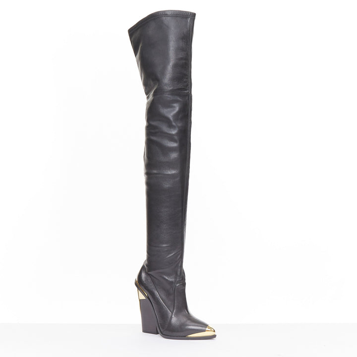 VERSACE 2014 Runway gold metal cap toe black leather thigh high boots EU37 US7