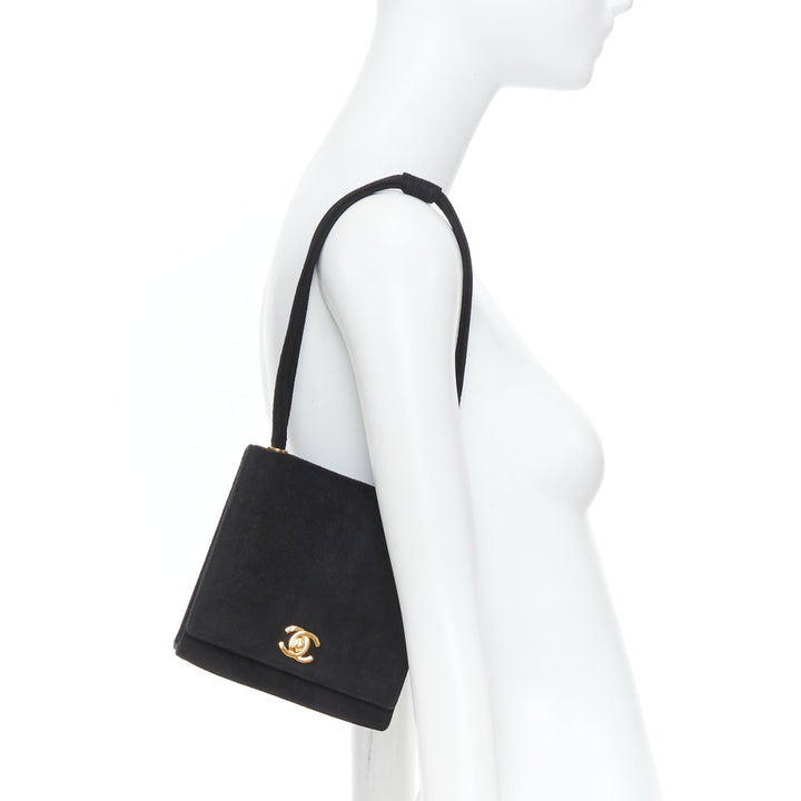 CHANEL 1994 Turnlock Flap Bag black suede triple strap vintage shoulder bag