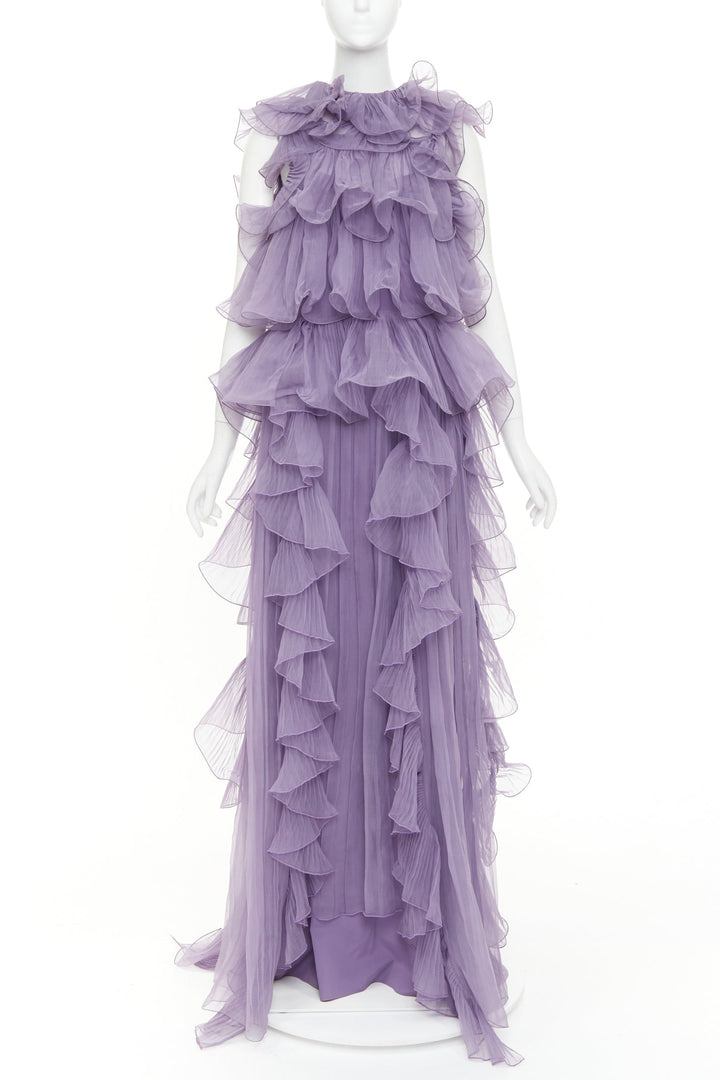 ALBERTA FERRETTI Vintage purple sheer silk tier ruffle evening gown dress IT40 S