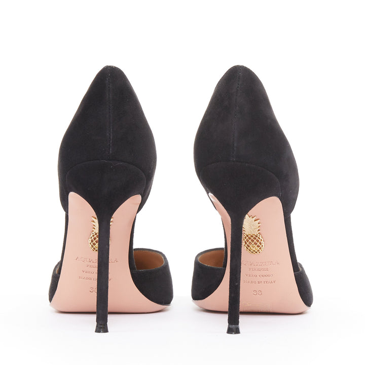 AQUAZZURA Uptown 105 black suede leather point toe dorsay pumps EU38