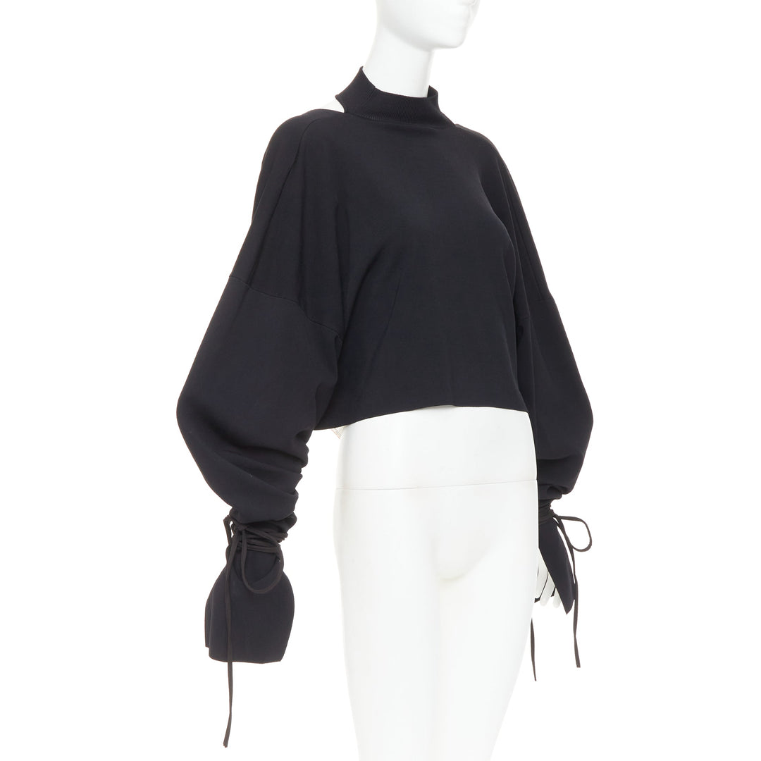 SOLACE LONDON Samara black viscose blend ruched sleeves cropped pullover UK8 S