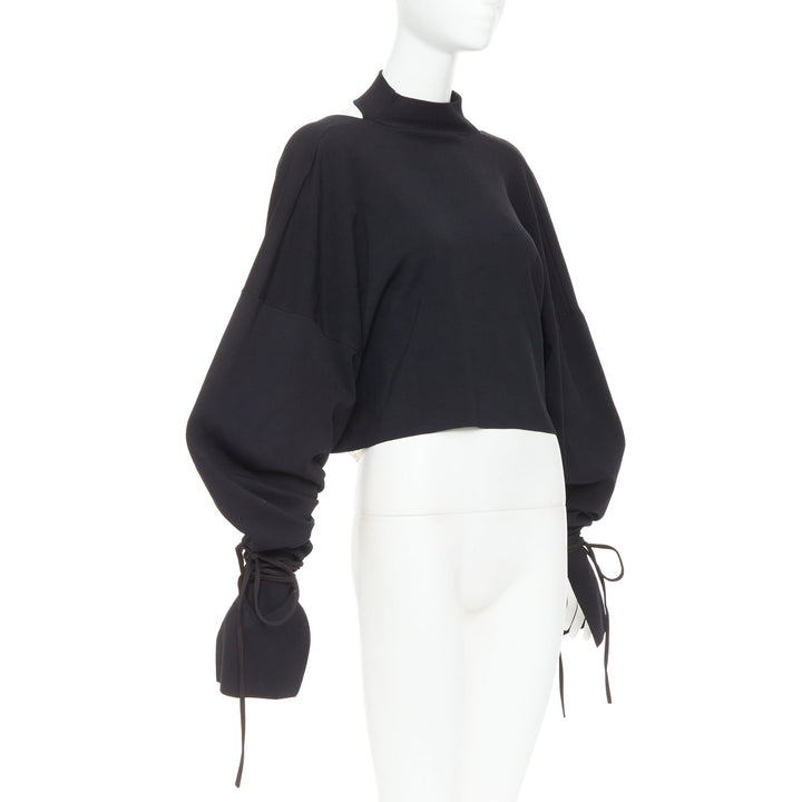 SOLACE LONDON Samara black viscose blend ruched sleeves cropped pullover UK8 S