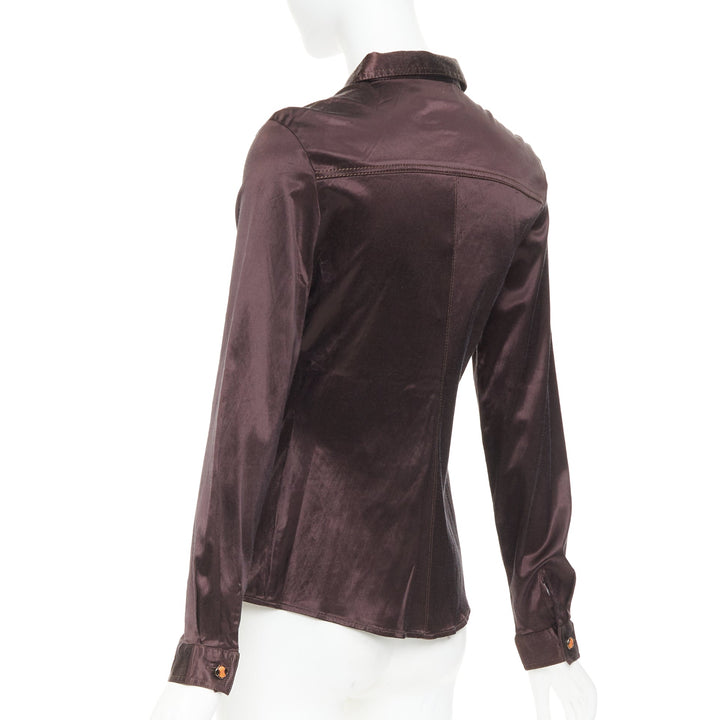 FENDI JEANS Vintage chocolate brown satin FF logo buttons fitted dress shirt