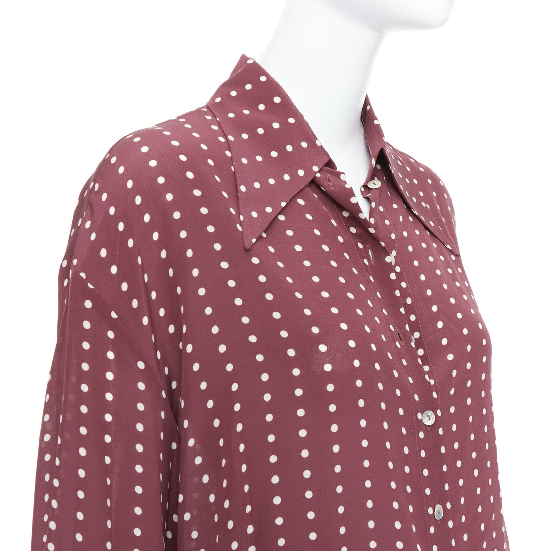 ANTONIO MARRAS 100% silk burgundy polka dot curved hem shirt M