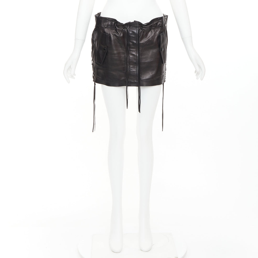 SAINT LAURENT 2018 black lambskin leather drawstring waist mini skirt FR36 S