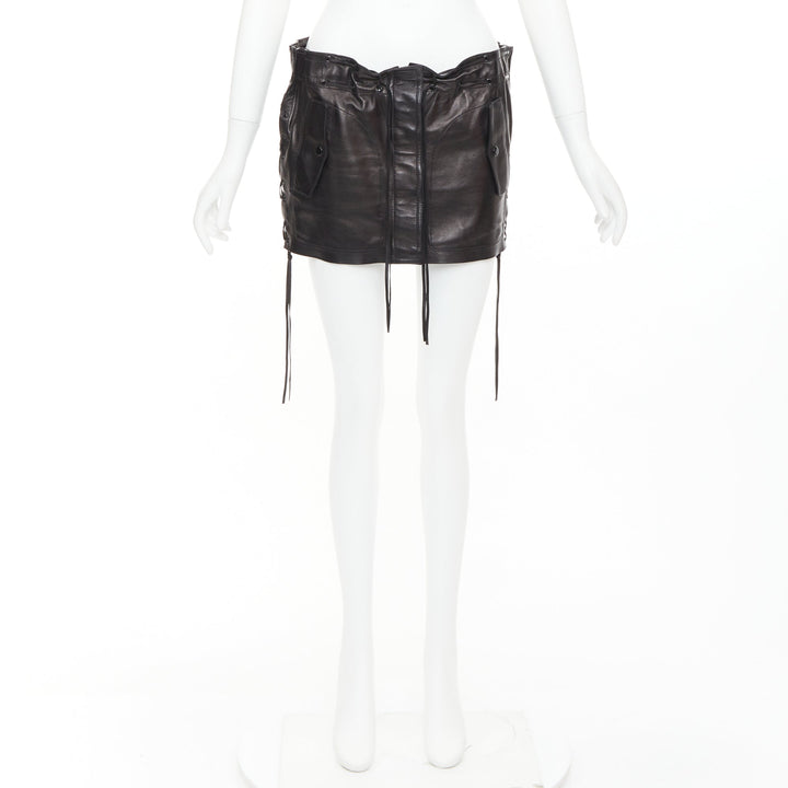 SAINT LAURENT 2018 black lambskin leather drawstring waist mini skirt FR36 S