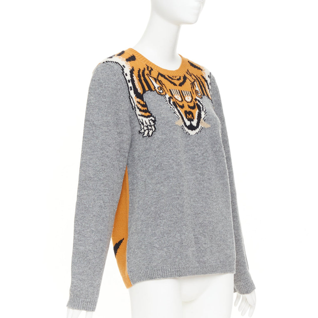 GUCCI 2016  100% wool Tiger intarsia grey animal knit pullover sweater M