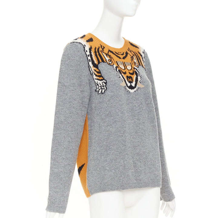GUCCI 2016  100% wool Tiger intarsia grey animal knit pullover sweater M