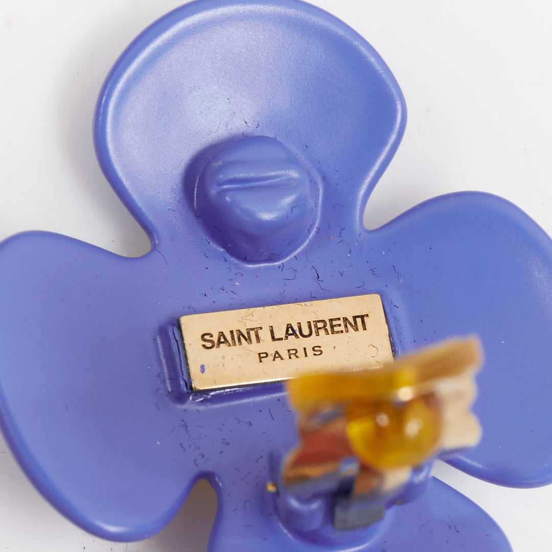 SAINT LAURENT 2021 Runway blue orange daisy white stone plate clip earring Pair