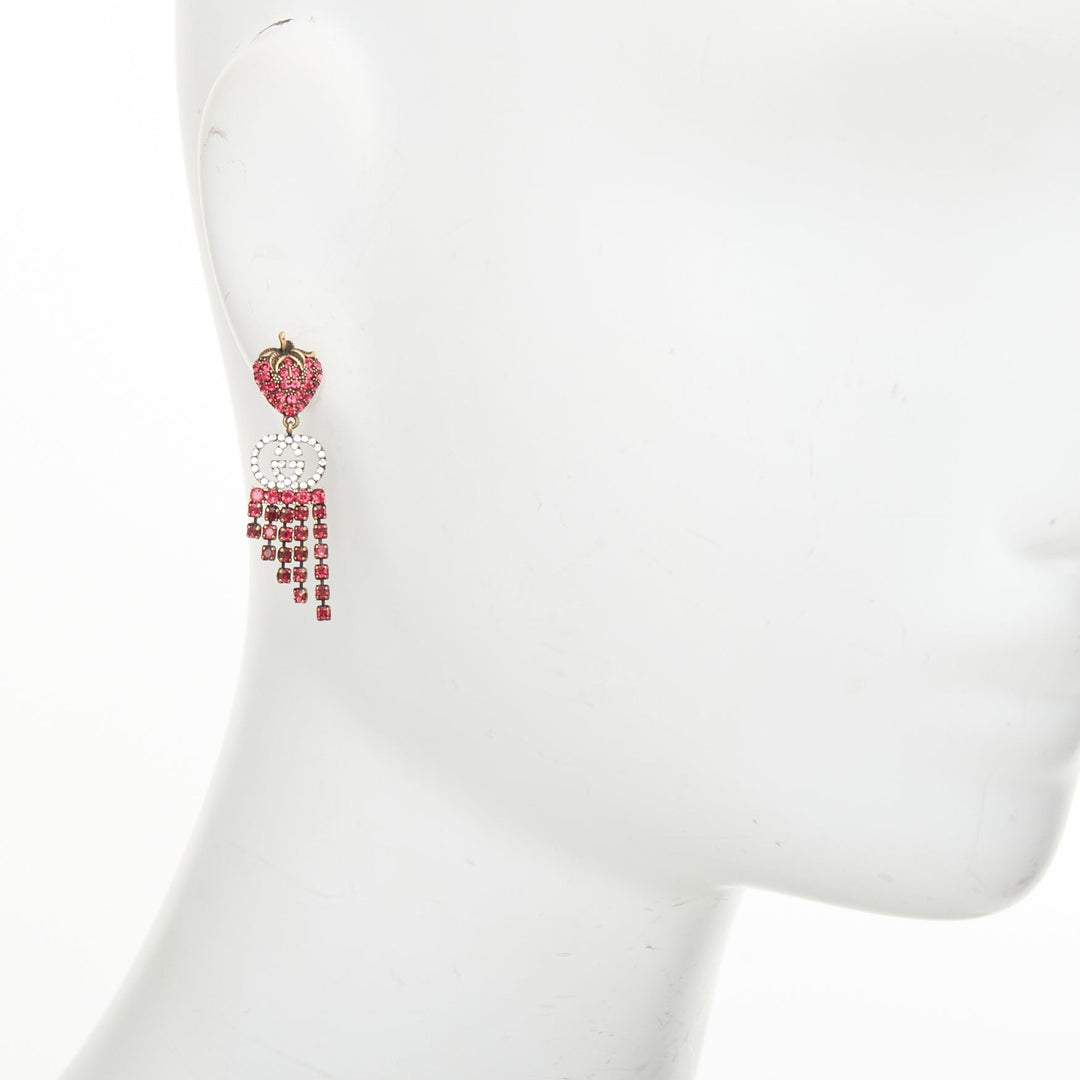 GUCCI 2019 GG crystal strawberry pink rhinestone tiered fringe earrings Pair