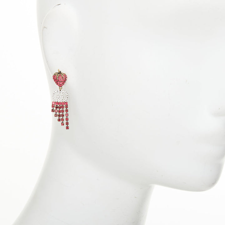 GUCCI 2019 GG crystal strawberry pink rhinestone tiered fringe earrings Pair