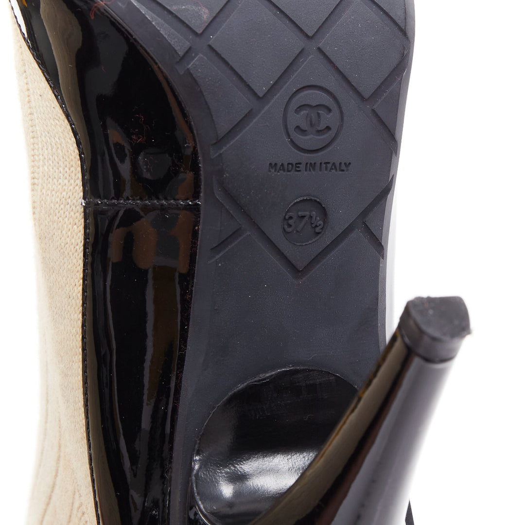 CHANEL Karl Lagerfeld 14P Runway cream black patent sock boots EU37.5