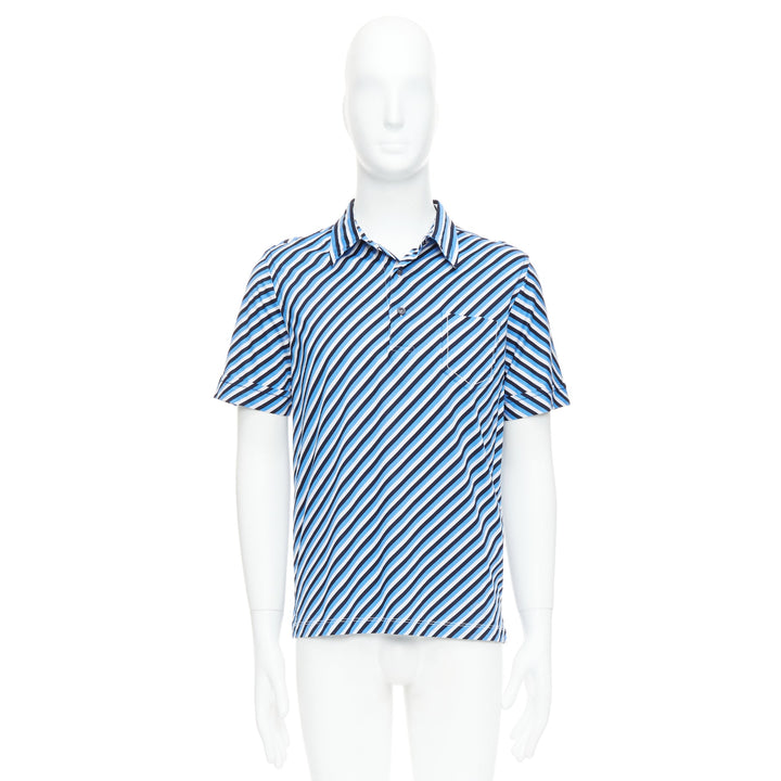 PRADA 2014 blue white black cotton diagonal striped polo shirt L