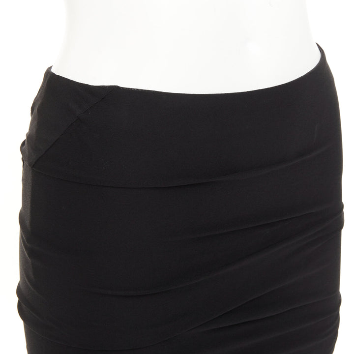 TOM FORD black viscose ruched high waisted asymmetric knee pencil skirt IT36 XXS