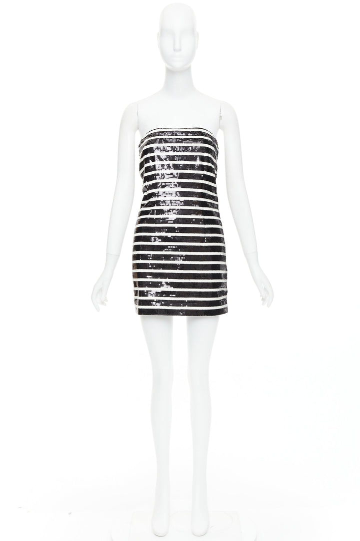 VERONICA BEARD Cala black white striped sequin strapless corseted dress US0 XS