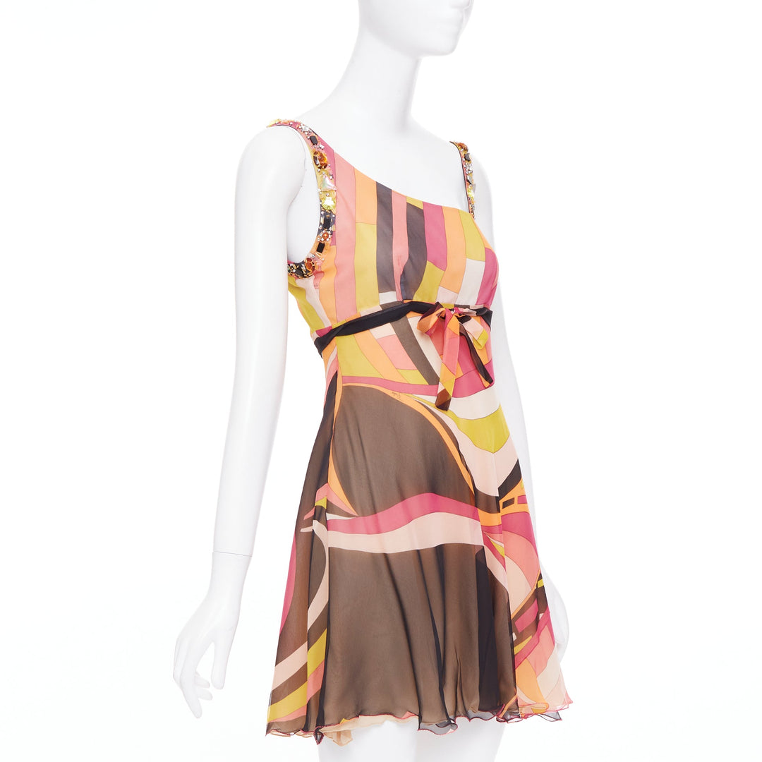 EMILIO PUCCI pink orange hue 100% silk kaleidoscopic swirl beaded dress IT40 S