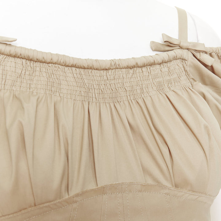 PRADA Vintage khaki cotton ruched bust empire waist bow off shoulder top IT38