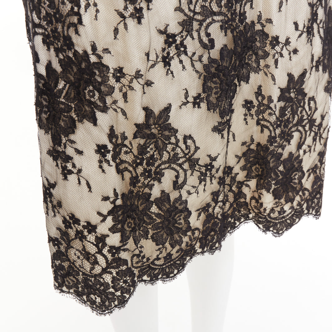 CHRISTIAN DIOR Vintage black floral lace pearl silk grosgrain bow dress FR36 S