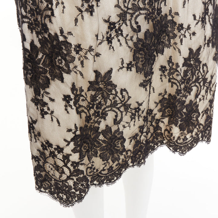 CHRISTIAN DIOR Vintage black floral lace pearl silk grosgrain bow dress FR36 S