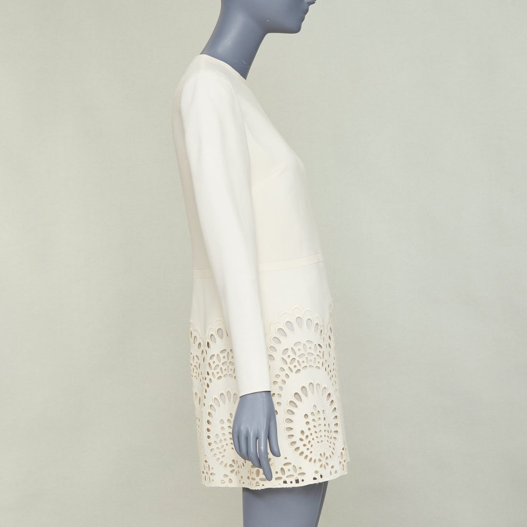 VALENTINO ivory wool silk crepe embroidered anglais shift dress IT40 S