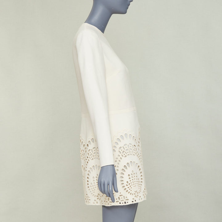 VALENTINO ivory wool silk crepe embroidered anglais shift dress IT40 S